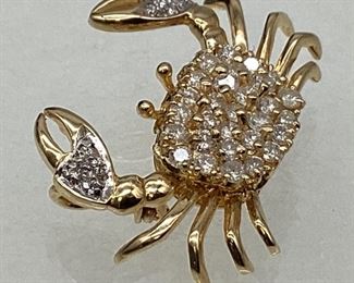 14k Gold & Diamond Crab Brooch