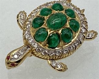 18k Gold, Emerald, Diamond, & Ruby Turtle Brooch