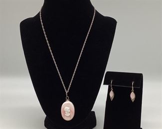 Sterling Silver w/Pink Shell Cameo Pendant & Earrings