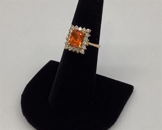 14k Gold Emerald Cut Mandarin Garnet & Diamond Ring