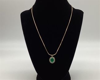 14k Gold 18" Cobra Link Chain w/Emerald & Diamond Pendant