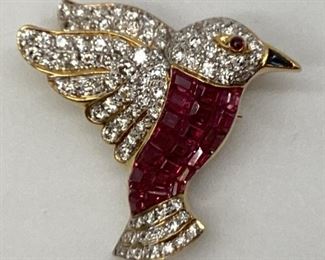 18k Gold, Ruby, Diamond & Sapphire Bird Brooch