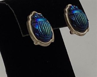 Tiffany & Co. Vintage Favrile Blue Glass Scarab Clip-On Earrings