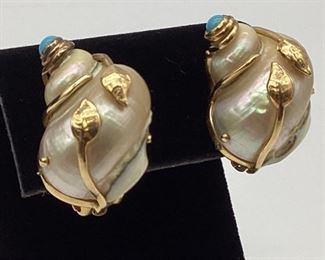 14k Gold Shell Wrapped w/Gold Accent Leaves & Turquoise Earrings