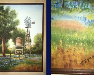 Bluebonnet & Windmill Painting by T. Byrd