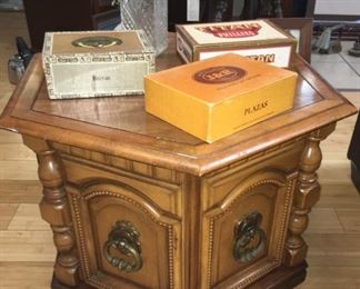 End Table, Cigar Boxes, Glass Decanter