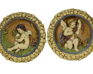 18- PAIR SIGNED PORCELAIN SCENIC CHERUB WALL PLAQUES