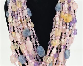 34- 14-STRAND ROSE QUARTZ BEADED STATEMENT NECKLACE