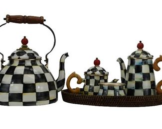 89- MACKENZIE-CHILDS COURTLY CHECK TEAPOT & TRAY SET 2
