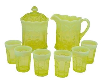 111- MOSSER CHERRY THUMBPRINT VASELINE PITCHER SET