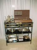 Beautiful lacquered server/ cart loaded with sterling and silver plate