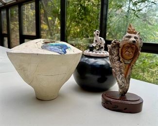 Wonderful collection.  Black lidded bowl in background from local artist Janine Bradfield (aka Wild bird).  Cream colored vessel sold 