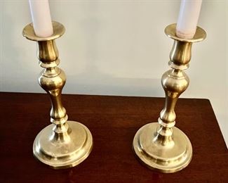 8. Pair of English Brass Sheraton Baluster Shaped Candlesticks c. 1800 (9"h)