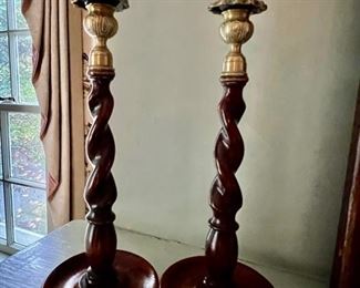 54. Pair of English Barley Twist Oak Candlesticks w/ Saucer Base and Brass Candle Sockets c. 1800 (13")