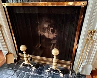 59. Brass Frame Fireplace Screen (35" x 33")                     50. 3 pc English Fireplace Tool Set Poker Shovel & Tongs c. 1860