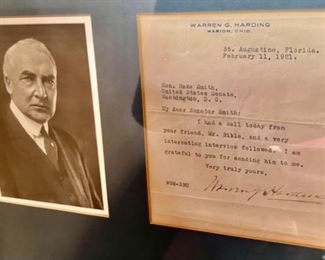94. Framed Photograph & Letter from Warren Harding to Senator Smith (18" x 14")