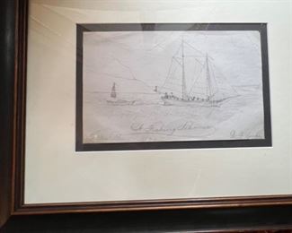 99. Pencil Drawing of Fishing Schooner signed NF Crocker (art 10" x 6")