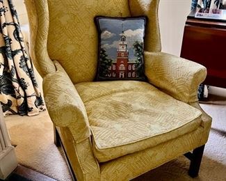 132. Gold Upholstered Wing Back Chair (31" x 28" x 41")