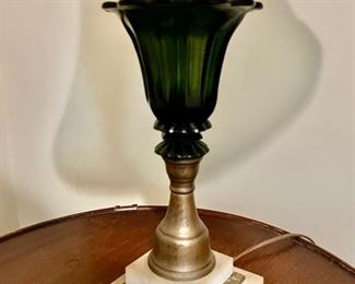 151. Pair of Green Pressed Glass Lamps w/ Metal & Marble Base (13")