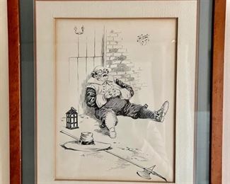 148. Pair of Framed Pen & Ink Cartoon Drawings Signed J A Lemon "An Open Faced Watch" (9" x 12") "A View of His Country Seat" (8" x 13") c. 1985