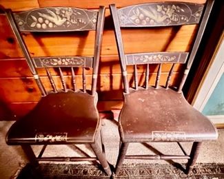 157. Pair of Half Spindle Pennsylvania Plank Seat Stencil Side Chairs c. 1835 (15" x 14" x 33")