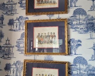 Antique French military uniform costumes framed colored prints