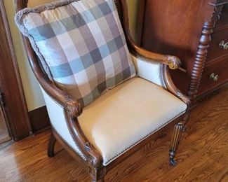 Bergere style chair nail head wood trim on casters 