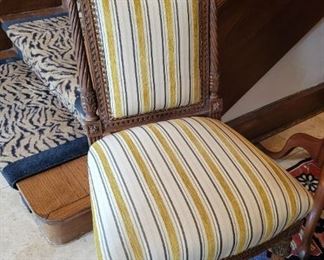 Hugo's upholstered antique wood  (has match that needs leg repaired)