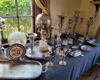 Sterling and silverplated candelabras, vases, trays 