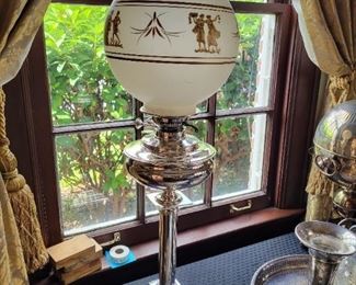 Antique glass globe oil lamp modified and refinished to never tarnish from historic Charleston, South Carolina estate