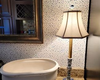 Pottery Barn white enamel bucket, blue white porcelain lamps