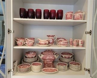 Mason's England Vista Ironstone China Set, Ruby glasses
