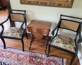 Pair of black cane back chairs Asian, beautiful antique game table 