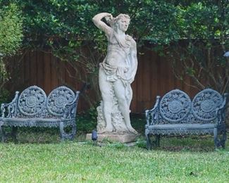 Antique Ornate Cast Iron Benches, 6 ft Concrete Roman Male Statue 
