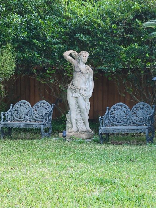 Antique Ornate Cast Iron Benches, 6 ft Concrete Roman Male Statue 