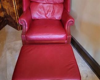 Leather nail head trim red chair and ottoman
