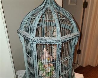 Green Metal Birdcage W/ Figurine
