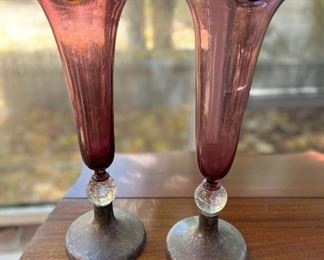 Pairpoint antique amethyst glass mantle vases plated bases
