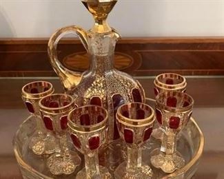 Moser Glass Antique Cordial Set includes ~decanter, tray and glasses