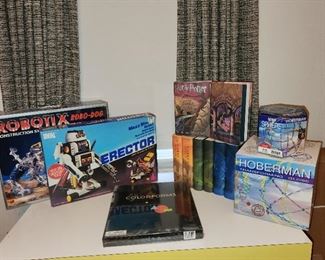 Erector, Robotix, Hoberman, Colorforms, all factory sealed .  Harry Potter books