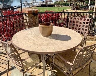 54” tile top/metal base table with 4 cushioned chairs