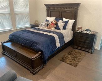 Nice Queen bed with Haverty's electric adjustable  mattress set, 2 night stands, chest (Built in Cedar Chest at foot of bed) All less than 1 year old!