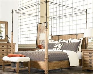 THOMASVILLE CANOPY BED  |
From the "Reinventions" bedroom line by Thomasville, a rustic style queen-size canopy bed with metal accents, nicely figured wood [n.b. first two photos are stock images showing what the bed looks like when assembled] - l. 89 x w. 82 x h. 92 in. (approx)
