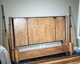 THOMASVILLE CANOPY BED  |
From the "Reinventions" bedroom line by Thomasville, a rustic style queen-size canopy bed with metal accents, nicely figured wood [n.b. first two photos are stock images showing what the bed looks like when assembled] - l. 89 x w. 82 x h. 92 in. (approx)