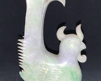 Asian Carved Jade Bird W Carved Wooden Stand
