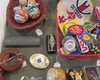 Shiny Brite ornaments, binoculars, sew on patches