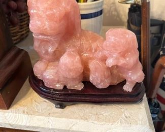 Pink Quartz carved foo dogs
