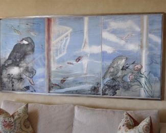 Michael Mazur Triptych Monotype on silk/acrylic artwork.  1989.  Title:  The Chinese Garden.   42" x 90".  ASKING PRICE:  $6,500 obo