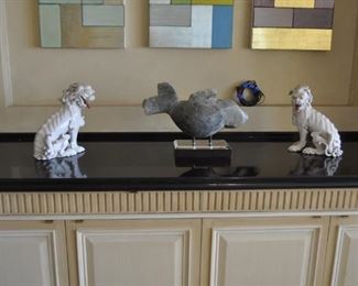 ANTIQUE PORCELAIN FOO DOGS.  CARVED SOAPSTONE FISH.