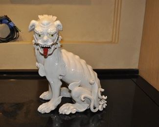 FABULOUS PAIR OF ANTIQUE BLANC DE CHINE FOO DOGS WITH RED TONGUES.  APPROX. HT:  12" - MINT CONDITION